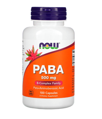 Now Foods PABA (Вітамін В10) ПАБК (пара-амінобензойна кислота) 500 мг, 100 капс NOW-00485 фото