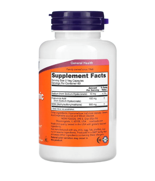 Now Foods HYALURONIC ACID+MSM (Гиалуроновая кислота с метилсульфонилметаном) 50 мг, 120 вег. капс NOW-03157 фото