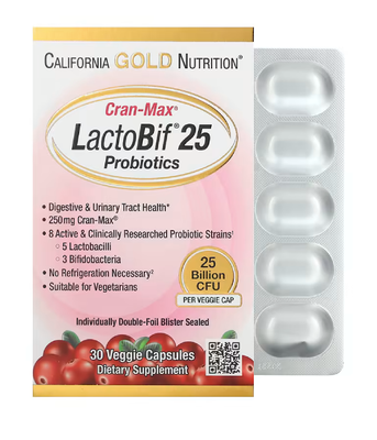 California Gold Nutrition LactoBif Cran-Max (Пробиотики с клюквой) 25 млрд КОЭ, 30 капс. CGN-01334 фото