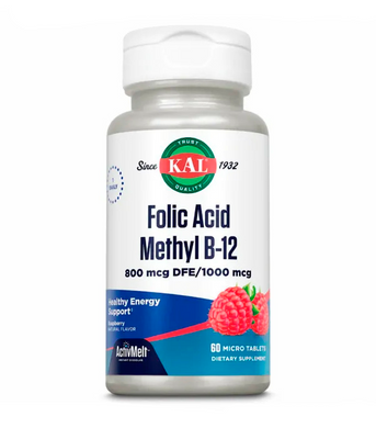 KAL Folic Acid Methyl B-12 (фолієва кислота і вітамін В-12) 800 мкг зі смаком малини, 60 таб. CAL-00000 фото