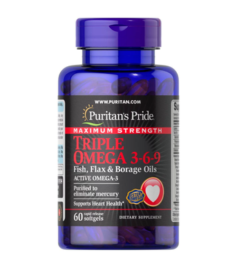 Puritan's Pride Maximum Strength Triple Omega 3-6-9 Fish Flax & Borage Oils (Омега 3-6-9 масло льону та бораго), 60 капс. PTP-10154 фото