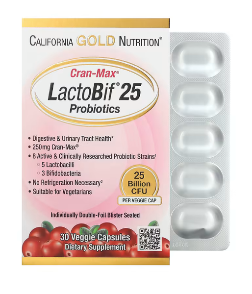 California Gold Nutrition LactoBif Cran-Max (Пробиотики с клюквой) 25 млрд КОЭ, 30 капс. CGN-01334 фото