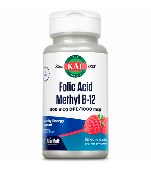 KAL Folic Acid Methyl B-12 (фолиевая кислота и витамин В-12) 800 мкг со вкусом малины, 60 таб. CAL-00000 фото