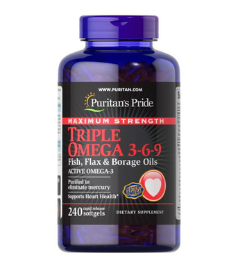 Puritan's Pride Maximum Strength Triple Omega 3-6-9 Fish Flax & Borage Oils (Омега 3-6-9 масло льону та бораго), 120 капс. PTP-10157 фото