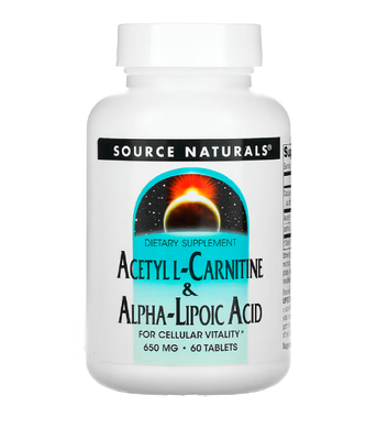 Source Naturals Acetyl L-Carnitine & Alpha Lipoic Acid (Ацетил карнітин + альфа-ліпоєва кислота) 650 мг, 60 таб. SNS-01799 фото