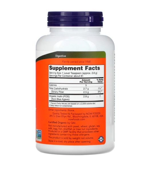 Now Foods INULIN POWDER ORG PURE FOS (Инулин органический), 227 г NOW-02944 фото