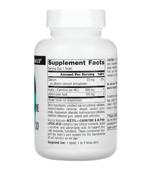 Source Naturals Acetyl L-Carnitine & Alpha Lipoic Acid (Ацетил карнітин + альфа-ліпоєва кислота) 650 мг, 60 таб. SNS-01799 фото