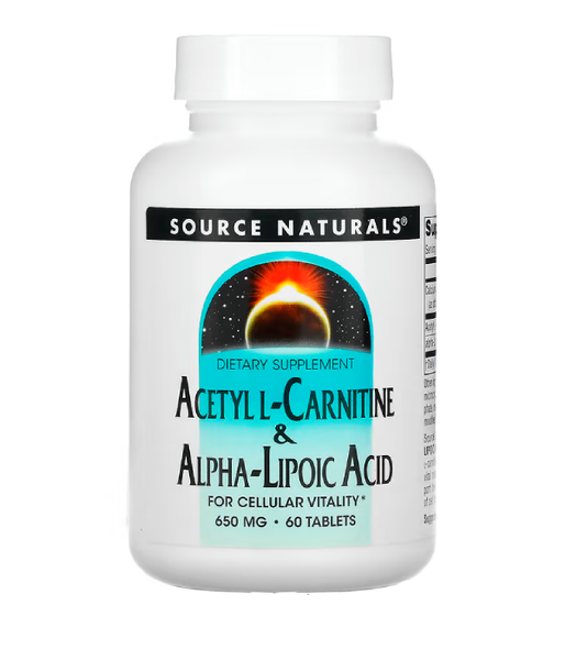 Source Naturals Acetyl L-Carnitine & Alpha Lipoic Acid (Ацетил карнітин + альфа-ліпоєва кислота) 650 мг, 60 таб. SNS-01799 фото