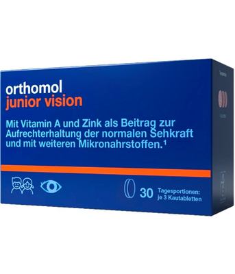 Orthomol Junior Vision (для зміцнення зору дитини) смак Чорниця - Персик 30 днів, 30 жув.таб.  4260022698302	 фото