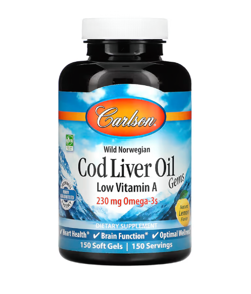 Carlson Labs Cod Liver Oil Gems Low Vitamin A (Рыбий жир из печени трески) 1000 мг лимонный вкус, 150 капс. CAR-01391 фото