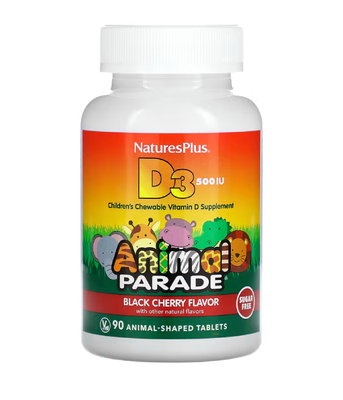 Nature's Plus Source of Life Animal Parade Vitamin D3 Sugar Free (Вітамін Д-3) 500 IU смак чорної вишні, 90 жув.цук. NAP-29923 фото