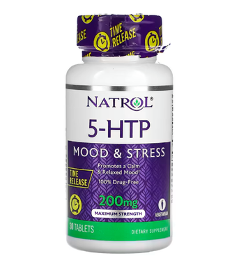 Natrol 5-HTP Time Release Maximum Strength (5-HTP 5-гидрокситриптофан замедленного высвобождения) 200 мг, 30 таб. NTL-05172 фото