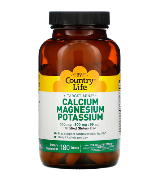 Country Life Calcium 500 мг, Magnesium 500 мг и Potassium 99 мг (Кальций магний калий), 180 таб. CLF-02486 фото