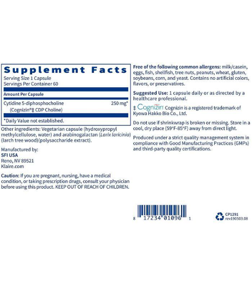 Klaire Labs Citicoline CDP Choline (Цитиколін) 250 мг, 60 капс. KLL-01096 фото