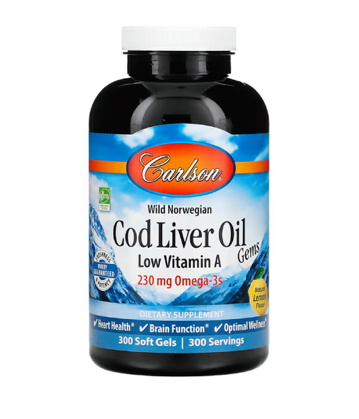 Carlson Labs Cod Liver Oil Gems Low Vitamin A (Риб'ячий жир з печінки тріски) 1000 мг лимонний смак, 300 капс. CAR-01393 фото