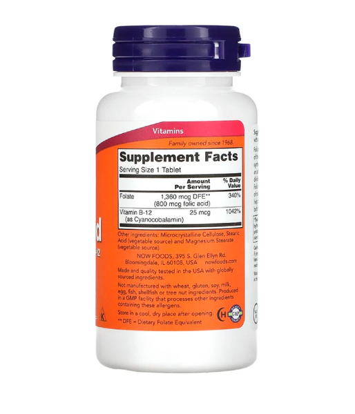 Now Foods FOLIC ACID (Фолієва кислота і вітамін В-12) 800 маг,  250 таб. NOW-00476 фото