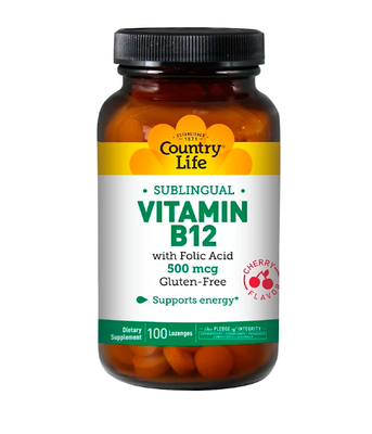 Country Life Vitamin B12 (Вітамін В-12 і фолієва кислота) вишневий смак 500 мкг, 100 льод. CLF-06295 фото