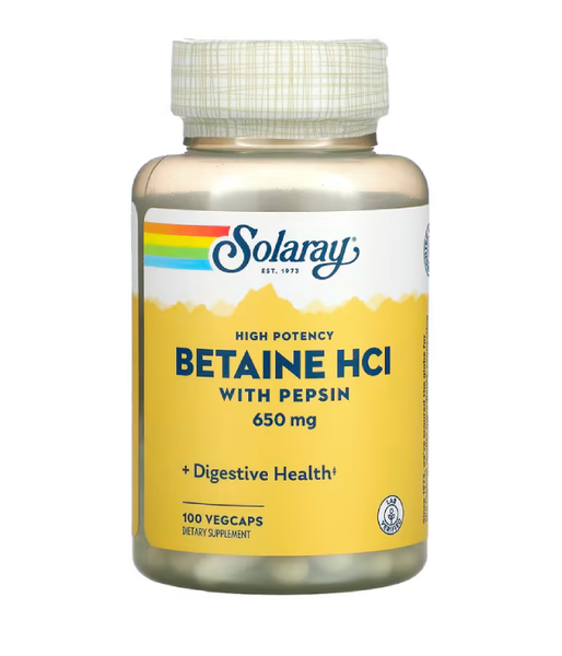 Solaray High potency Betaine HCL with Pepsin (бетаїну гідрохлорид із пепсином) 650 мг, 100 вег.капс. SOR-04814 фото