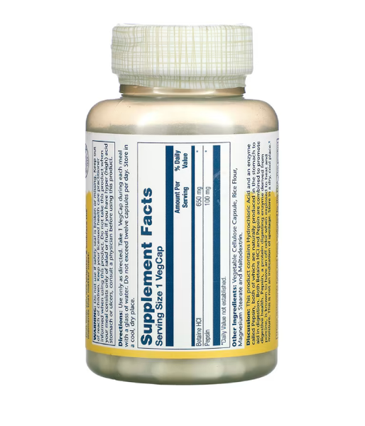 Solaray High potency Betaine HCL with Pepsin (бетаїну гідрохлорид із пепсином) 650 мг, 100 вег.капс. SOR-04814 фото