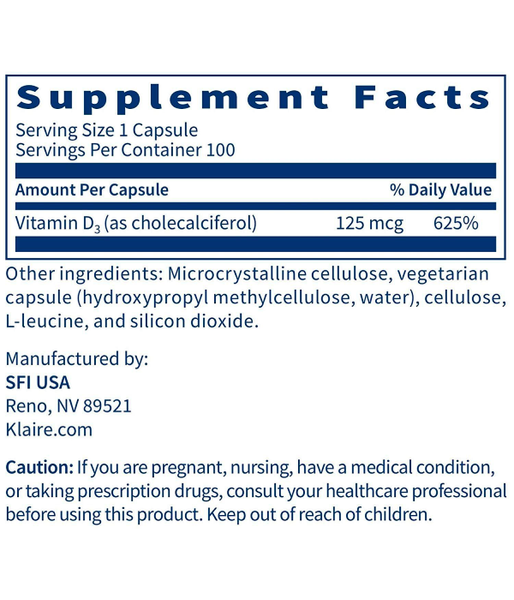 Klaire Labs Vitamin D3 125 мкг 5000 МЕ, 100 капс. KLL-00119 фото
