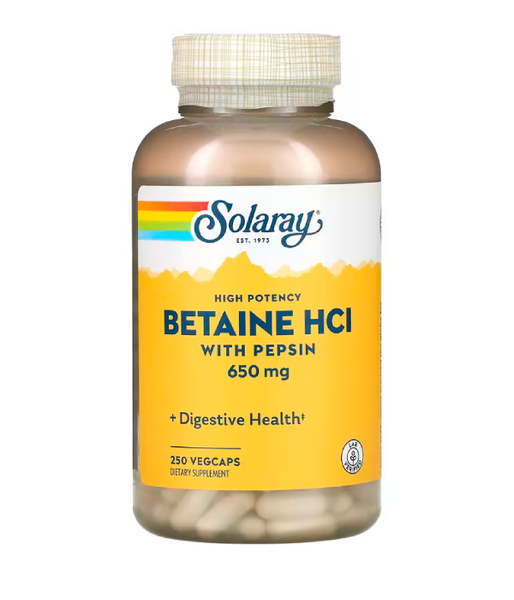 Solaray High potency Betaine HCL with Pepsin (бетаїну гідрохлорид із пепсином) 650 мг, 250 вег.капс. SOR-04815 фото