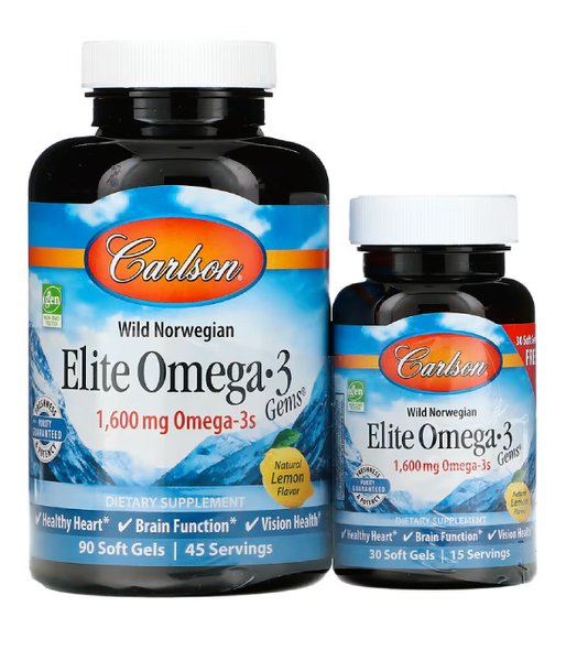 Carlson Labs Elite Omega-3 (норвежский со вкусом лимона) 800 мг, 90 + 30 капс. CAR-01714 фото