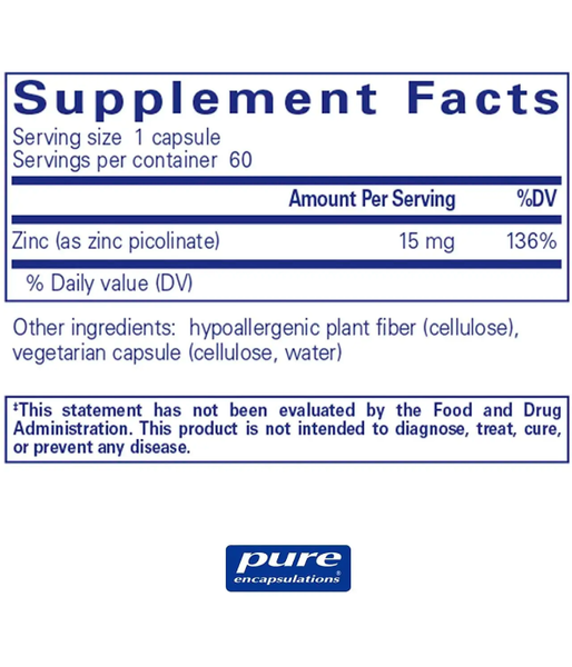 Pure Encapsulations Zinc (Цинк) 15 мг, 60 капс. PE-00250 фото