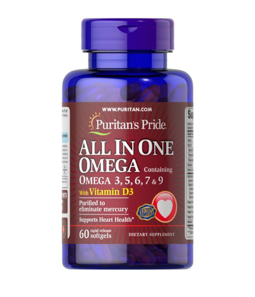 Puritan's Pride All In One Omega 3, 5, 6, 7 & 9 with Vitamin D3 (Омега 3-5-6-7-9 и витамин Д3), 60 капс. PTP-50073 фото