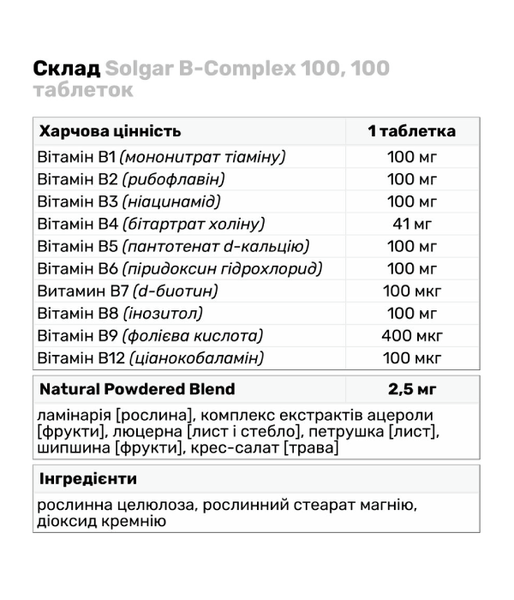 Solgar B-Complex "100" (Вітаміни В-100, комплекс), 100 таб. SOL-01161 фото